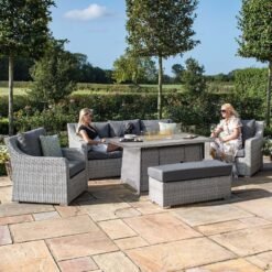 3 Seat Rattan Sofa Dining Set with Fire Pit Table & Weatherproof Cushions