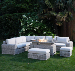 A Bellagio Round Wicker Large Corner Casual Dining Set with Rising Firepit Table, Light Grey