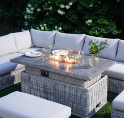Alternative view of A Bellagio Round Wicker Large Corner Casual Dining Set with Rising Firepit Table, Light Grey