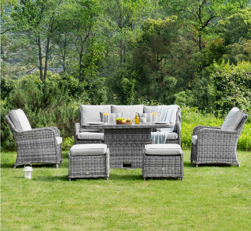 Hampshire 7-Seater Round Wicker Rattan Sofa Set with Rising Table, Light Grey - Image 3
