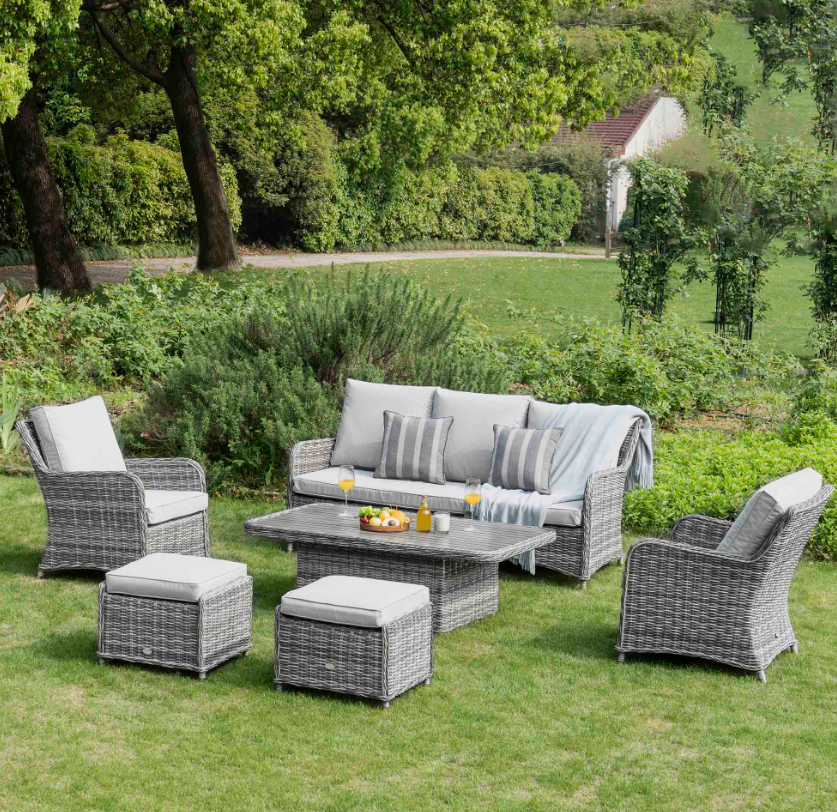 Hampshire 7-Seater Round Wicker Rattan Sofa Set with Rising Table, Light Grey